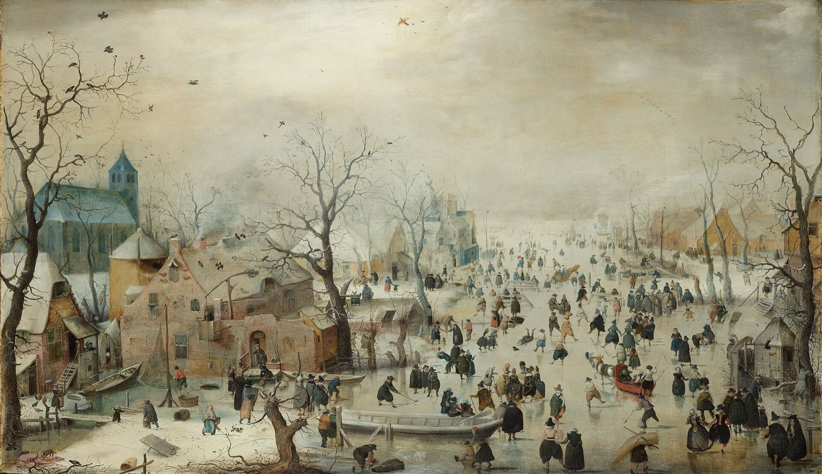 Hendrick Avercamp, Pejzaż zimowy z łyżwiarzami: tłum łyżwiarzy i czerwone sanie zaprzężone w konia na zamarzniętej rzece, po lewej wieś z kościołem, nagie drzewa